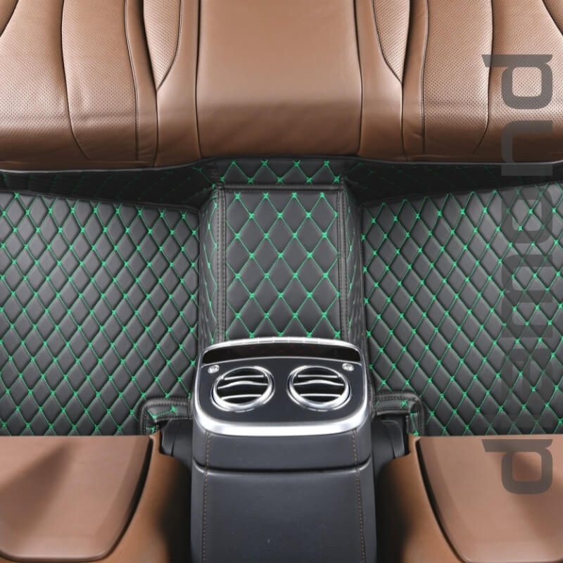 Black Leather and Green Stitching Diamond Car Mats - Indy Mats