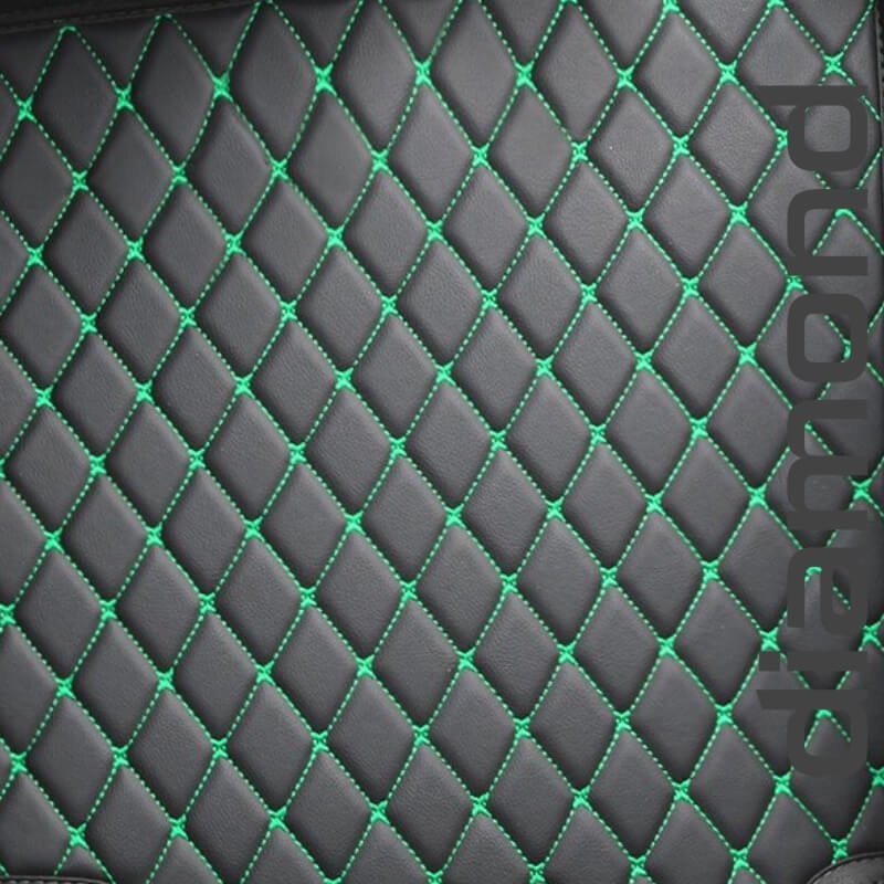 Black Leather and Green Stitching Diamond Car Mats - Indy Mats