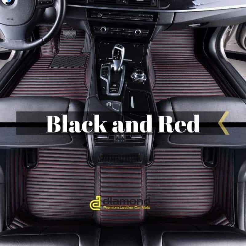Black Leather Red Stitching & Red Double Layer Diamond Car Mats