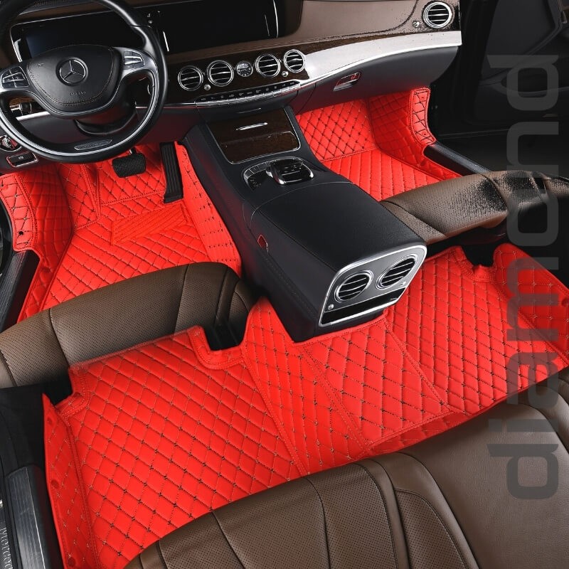 Red With Black Stitch Luxury Diamond Car Mats Set